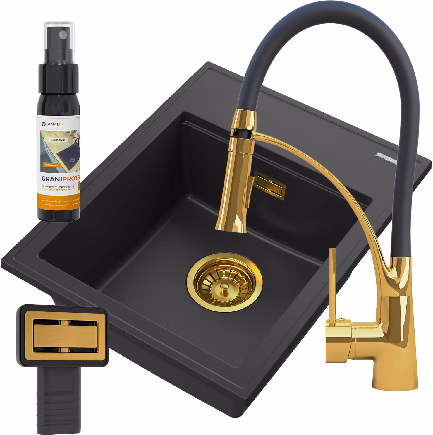 Granitan - Lavello in granito - Lavello da cucina - 50x40 cm - Nero - con rubinetteria NEXO GOLD - Lavello - ALOR