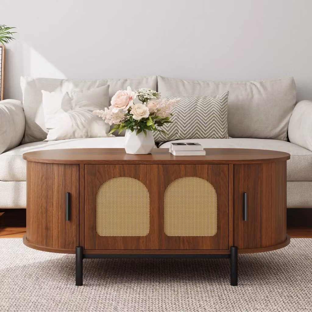 Tavolo da caffè ovale REDOM in MDF e rattan con finitura opaca, colori marrone e nero, L: 50 cm, P: 40 cm, H: 16,1 cm – 2