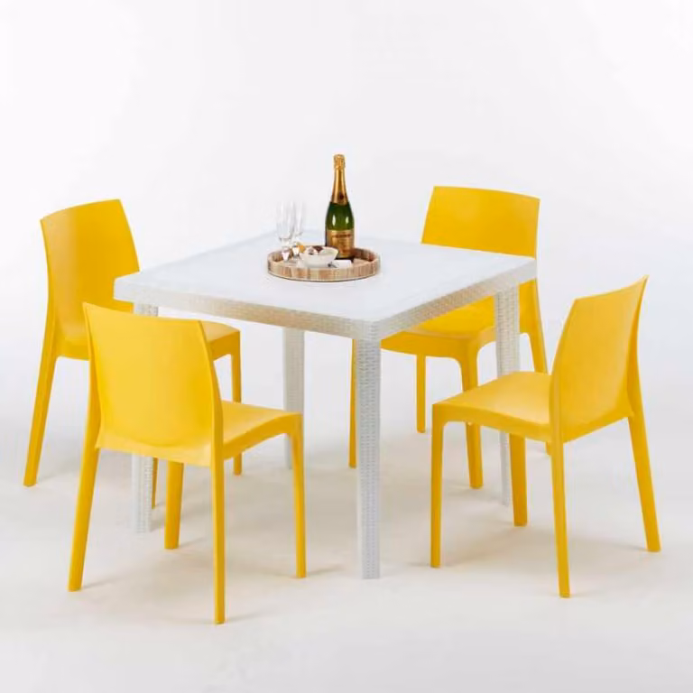 Tavolo quadrato bianco e 4 sedie in polipropilene colorato per esterni Grand Soleil Rome Love - Giallo