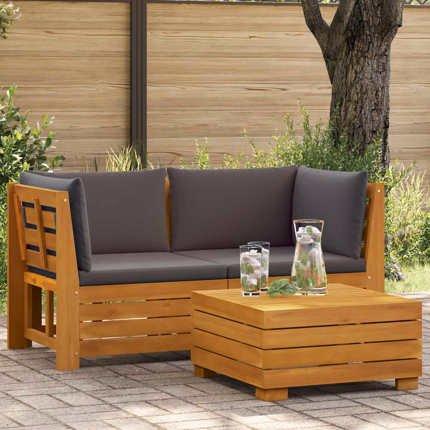 Set Lounge da Giardino vidaXL in Legno di Acacia Marrone con Divano a 2 Posti, Elemento Angolare, Tavolino e Cuscini Grigi