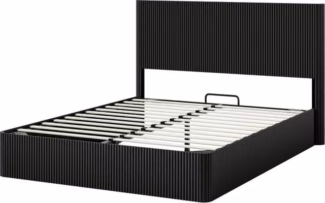 Letto contenitore matrimoniale moderno nero con rete sollevabile e testiera in tessuto, L/P/H: 160 x 200 x 113,5 cm