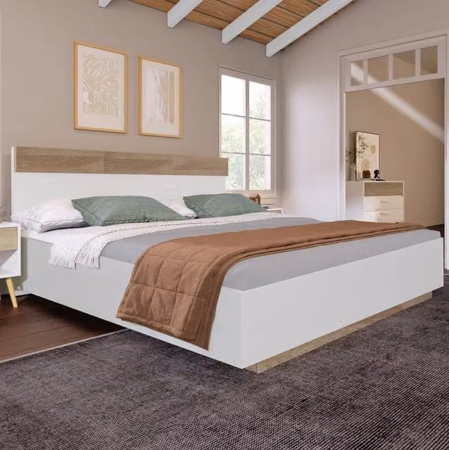 Letto matrimoniale in legno con effetto sospeso; testiera e rete a doghe; 160x200 cm; bianco e rovere Sonoma