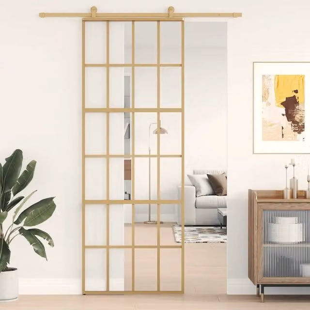 Porta Scorrevole Moderna vidaXL in Alluminio e Vetro Trasparente, Colore Oro, L: 76 cm, H: 205 cm