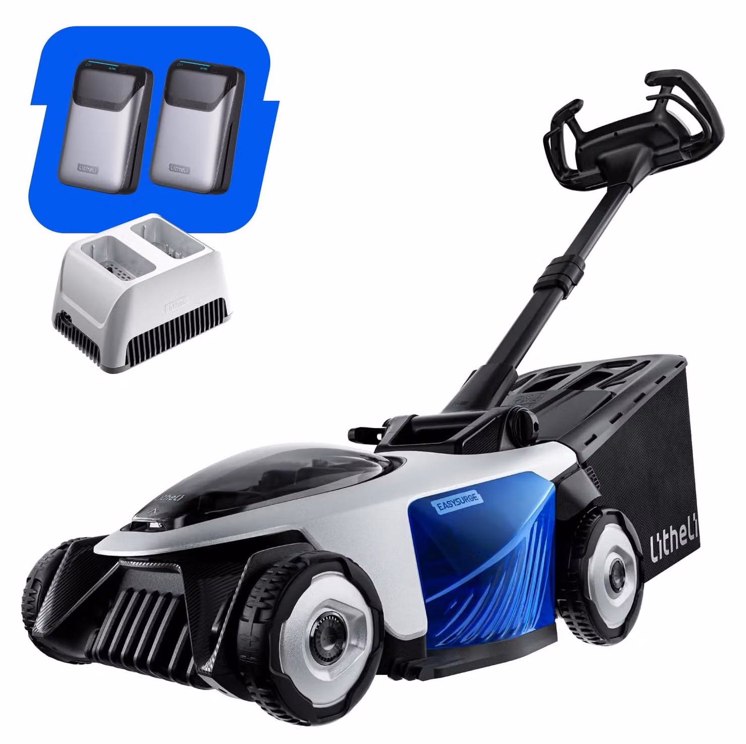 Tagliaerba elettrico a spinta automatica - Larghezza di taglio di 43 cm - 2 batterie da 20 V - Contenitore di raccolta erba da 50 litri - Materiale: plastica - Ideale per la cura del giardino