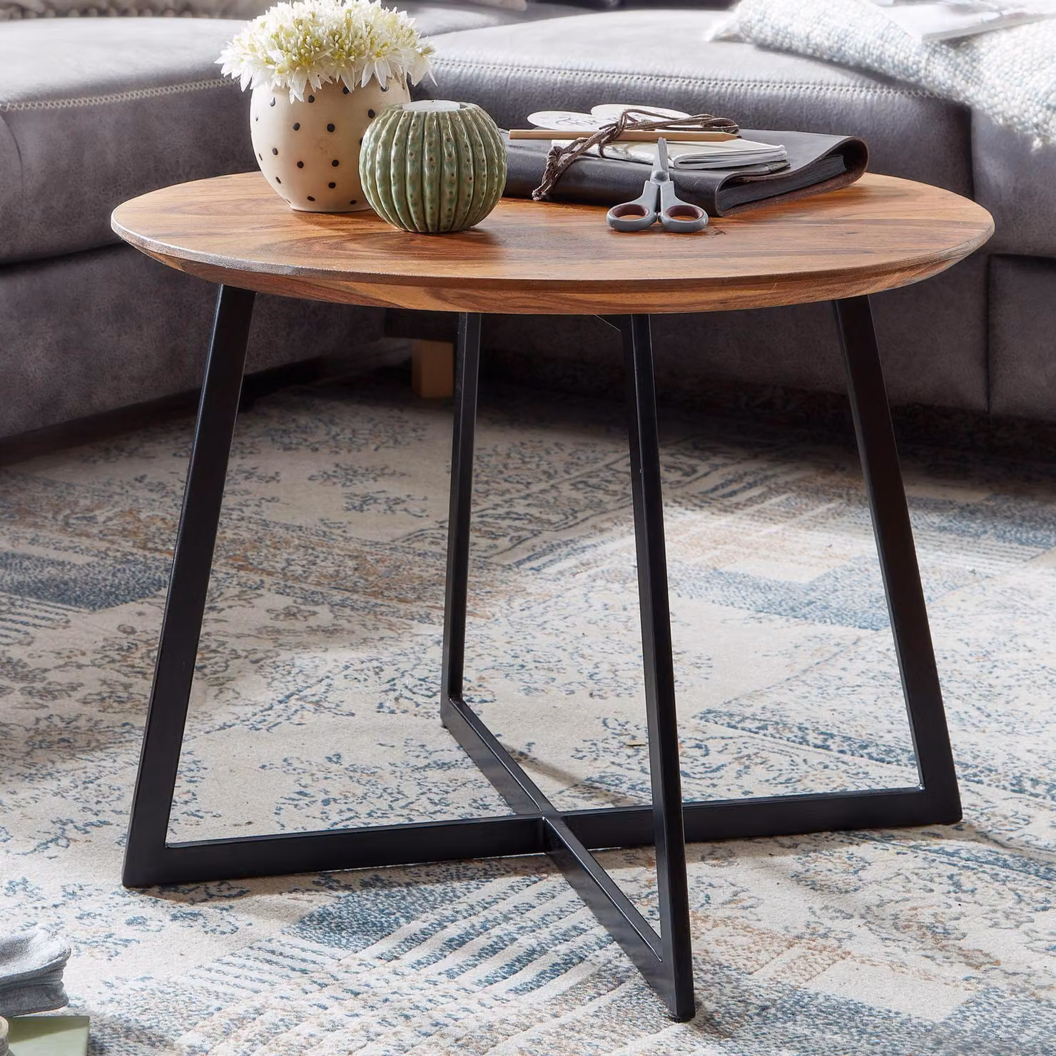 FineBuy tavolino 60x60x45 cm sheesham legno massiccio/metallo tavolino da divano rotondo tavolo da soggiorno tavolino solido tavolino da salotto