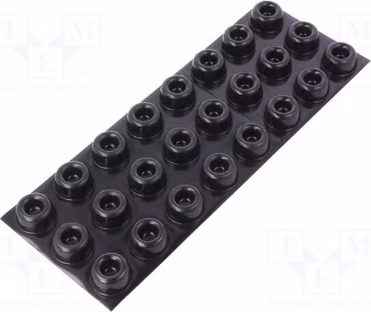 24 piedini autoadesivi neri, diametro 22,4 mm, codice prodotto 7000001881. Realizzati in poliuretano, altezza 10,2 mm