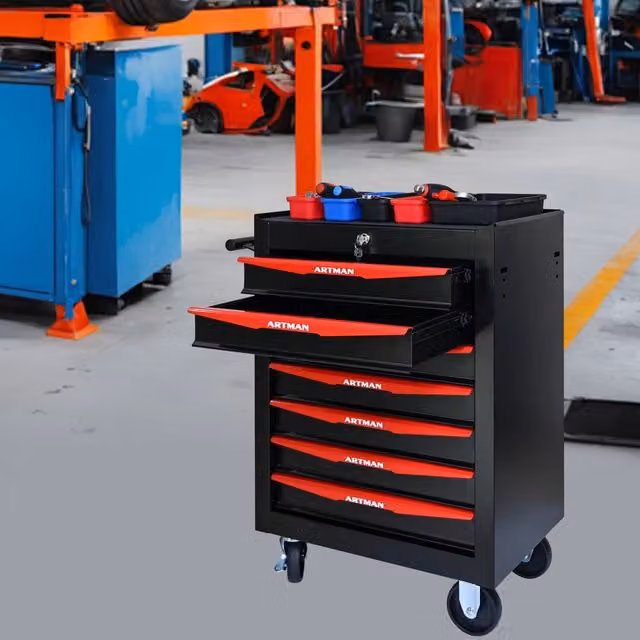 Carrello contenitore OKWISH in acciaio con 7 cassetti chiudibili e ruote per garage, nero e rosso, L: 77.5 cm, P: 60.0 cm, H: 24.6 cm