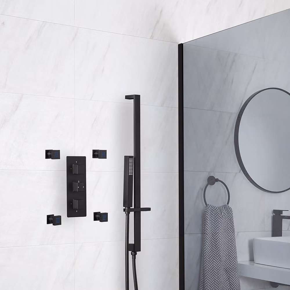 Sistema Doccia Termostatico Nero con Idrogetti, Asta Saliscendi e Doccetta (2 Vie) - Preto