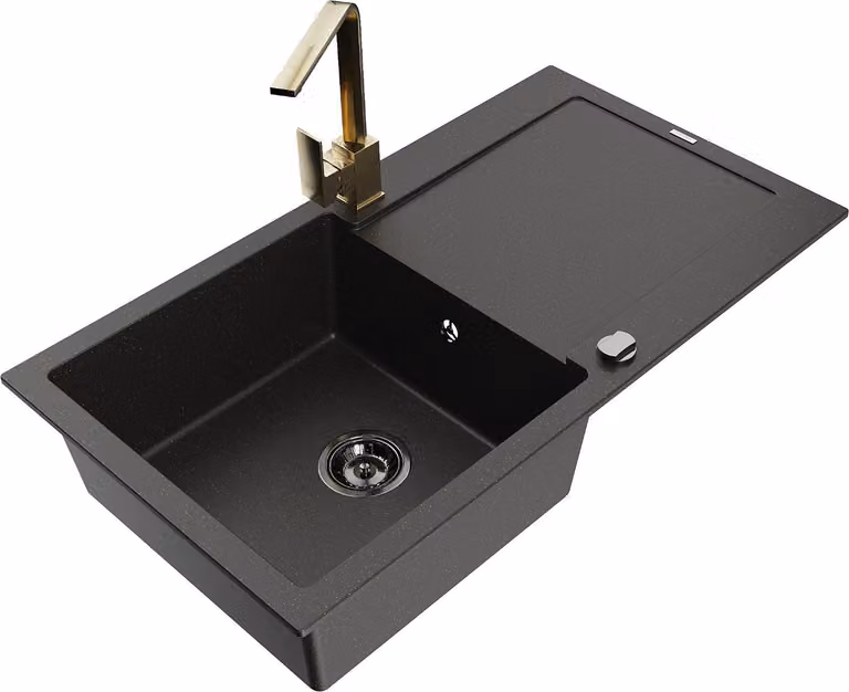 Mexen Leo lavello in granito a 1 vasca con sgocciolatoio e rubinetto da cucina Rita, nero/oro metallizzato - 6501-75-670300-50-B