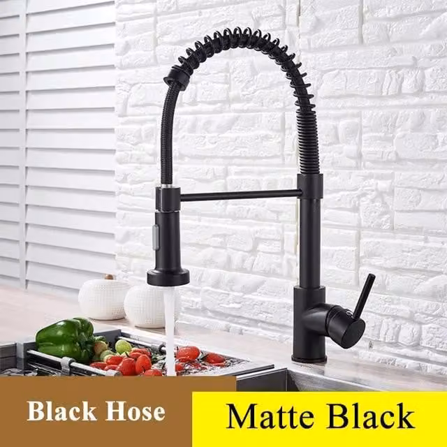 Miscelatore da cucina estraibile, rubinetto per lavello con beccuccio girevole a 360°, per acqua calda e fredda, in ottone, monocomando, da installare su un foro, finitura nera opaca