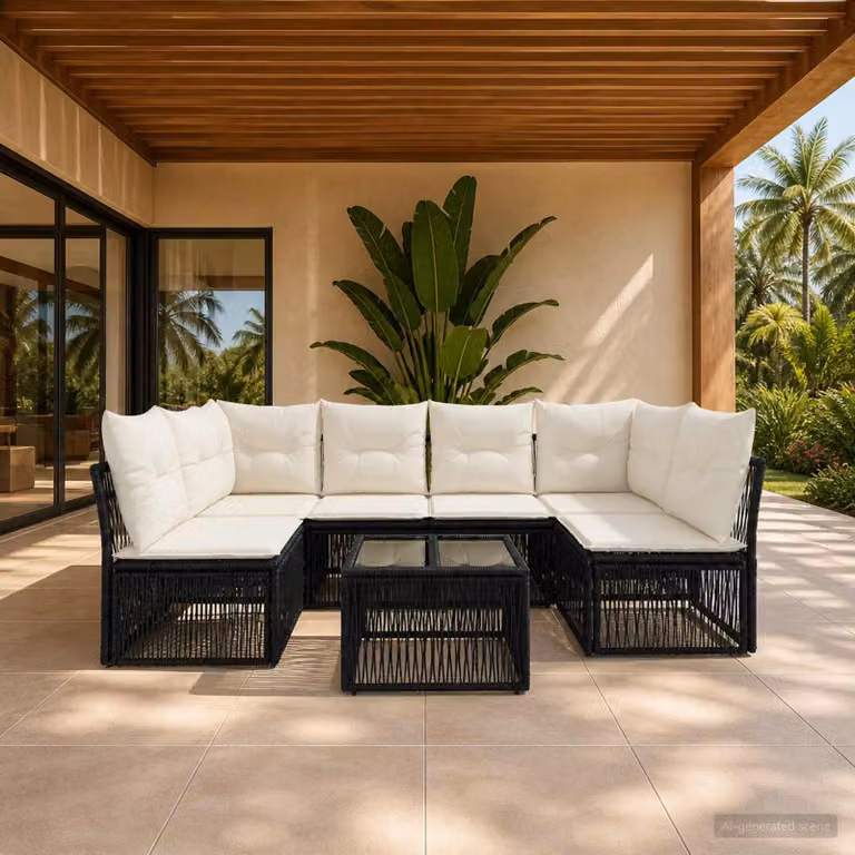 Set Divano da Giardino vidaXL 7 Pezzi a Forma di U con Tavolino, Polyrattan e Colore Nero