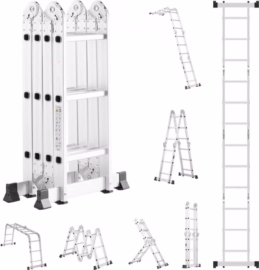 Scala pieghevole multiuso 7 in 1, 3 gradini, sbraccio di 12 piedi, design robusto, uso versatile, ideale per progetti di lavoro e domestici