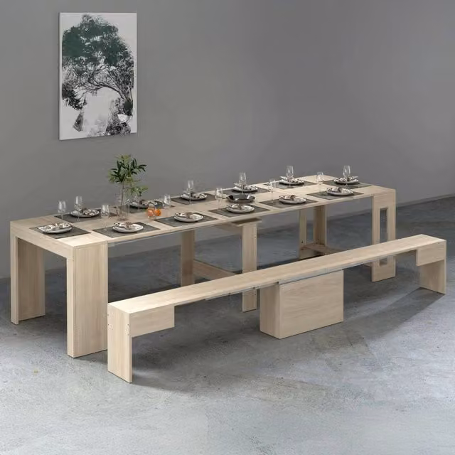 Set tavolo e sedie Badenia con panca allungabile, composizione moderna per cucina e sala da pranzo, colore marrone e beige, L: 300 cm, H: 77 cm