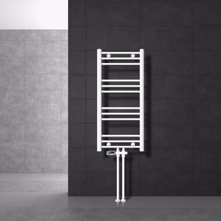 LuxeBath Radiatore da bagno Attacco centrale 400 x 800 mm Bianco diritto con set di collegamento incl. termostato Pavimento di passaggio Bianco Radiatore , senza elemento riscaldante