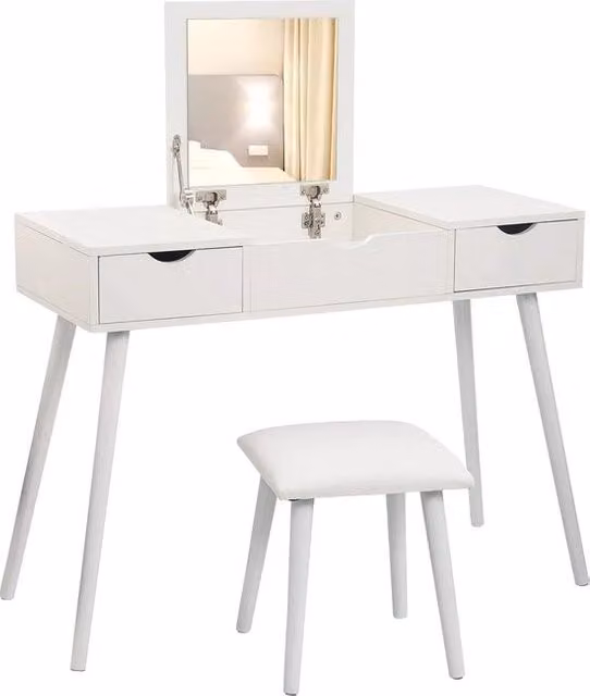 Tavolo da trucco con sgabello - Tavolo da trucco con specchio - Tavolo cosmetico - Tavolo da toeletta - Tavolo da trucco per camera da letto - Bianco - 100x40x75 cm.