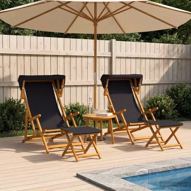Set di 4 lettini prendisole vidaXL in legno di eucalipto trattato nero con poggiatesta regolabile per giardino e terrazzo – 1