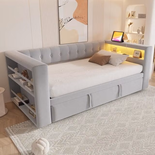 Divano letto 90/180x190 cm con LED; presa e vani portaoggetti in flanella