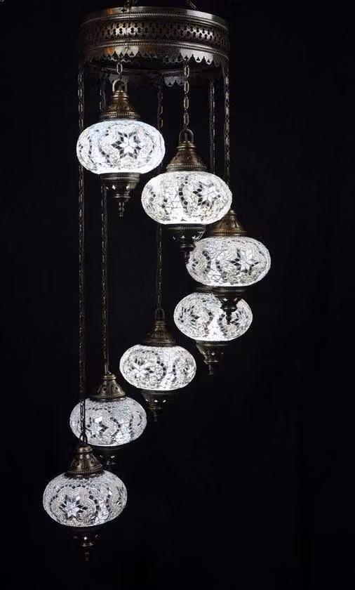 Lampada a sospensione a 7 sfere in vetro mosaico bianco – Lampada a sospensione turca con 7 sfere in vetro mosaico – Lampada da soffitto orientale