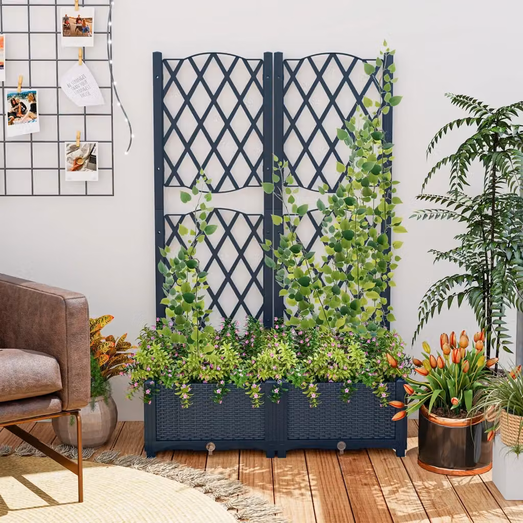 Letto da giardino rialzato con traliccio a reticolo DESIGN IN, fioriera in plastica per orto e giardino ornamentale, Grigio, L: 76 cm, P: 36 cm, H: 18 cm – 2