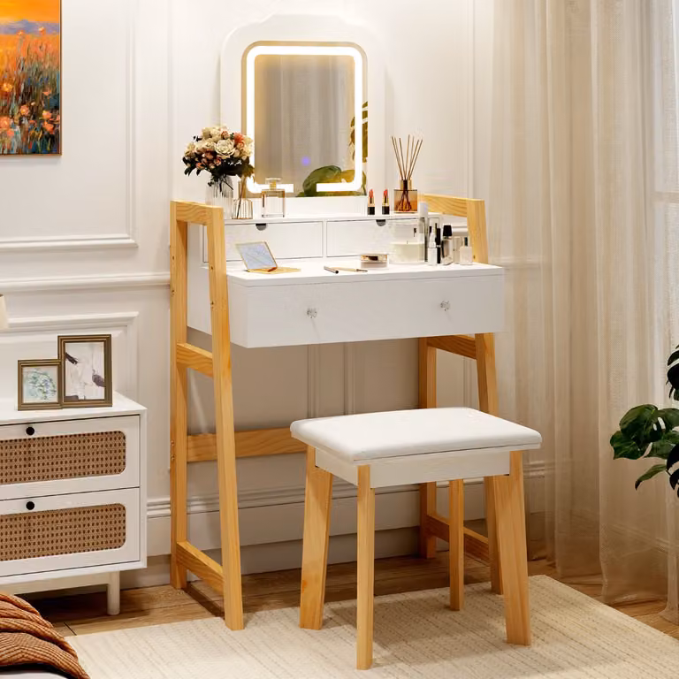Costway Set da toeletta Hollywood con specchio a LED a 3 colori e gambe in legno di pino regolabili in altezza, Bianco