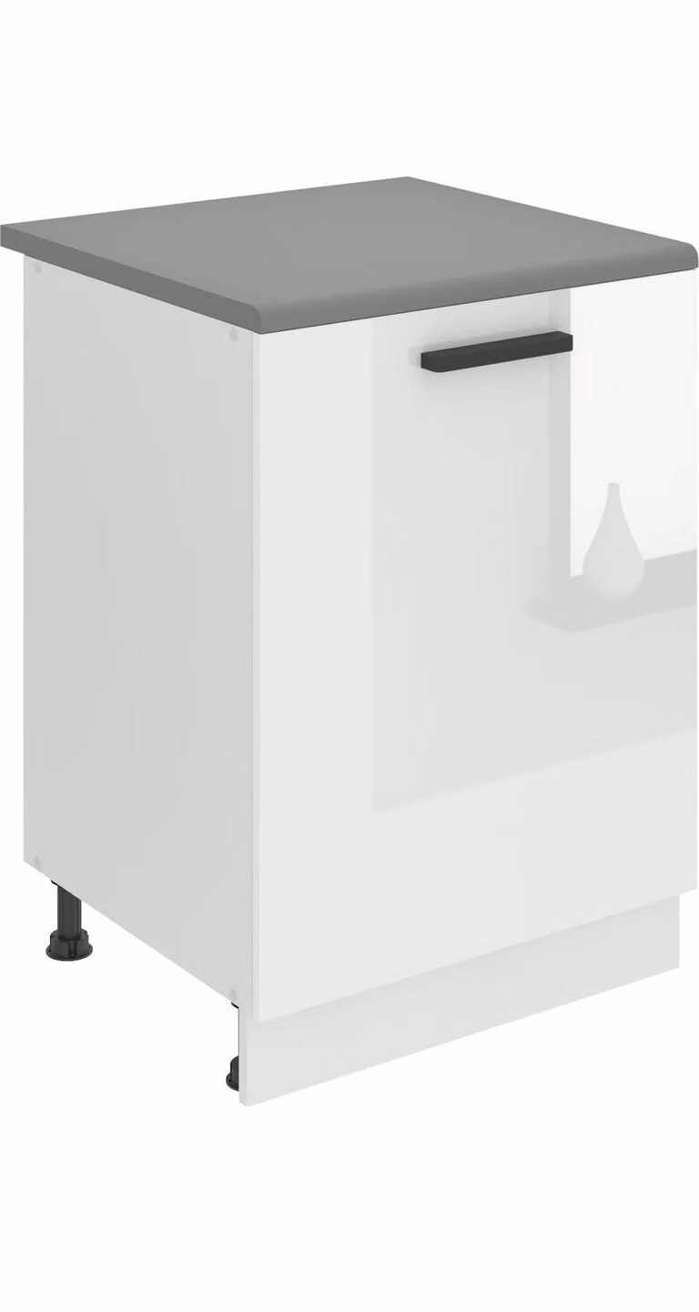 Base da cucina Belini, base da cucina larga 60 cm. Base per cucina SD con piano di lavoro. Mobile da cucina a 1 anta, bianco lucido