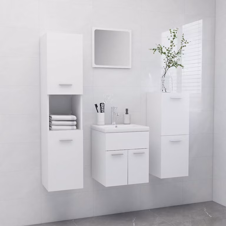 Set di mobili da bagno moderni vidaXL in legno bianco opaco composto da mobile lavabo, mobiletto laterale, armadio alto e specchiera