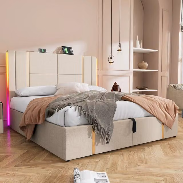 Letto Contenitore Moderno REDOM Imbottito in Tessuto Beige con USB, Luci LED e Base a Sollevamento L/P/H: 217 x 180 x 105 cm – 1