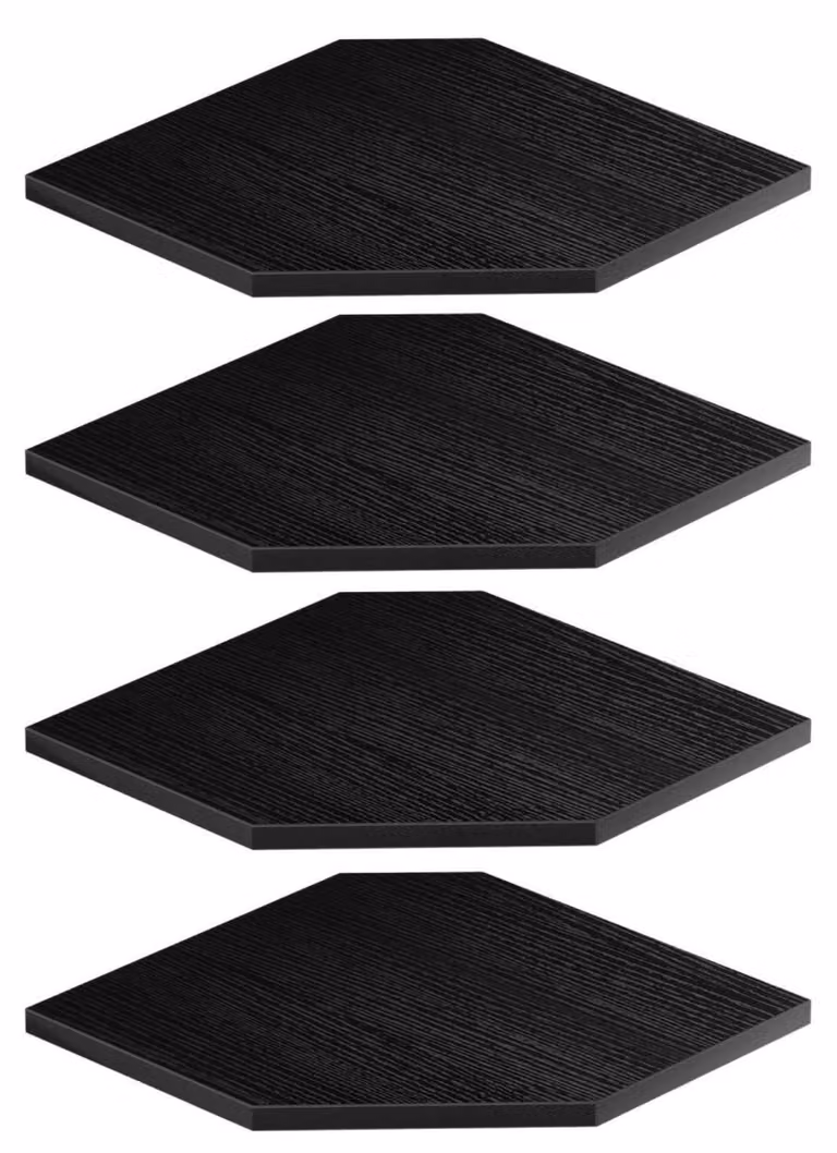 Scaffale a parete, 4 ripiani, legno nero, profondità 30 cm, con fori in metallo