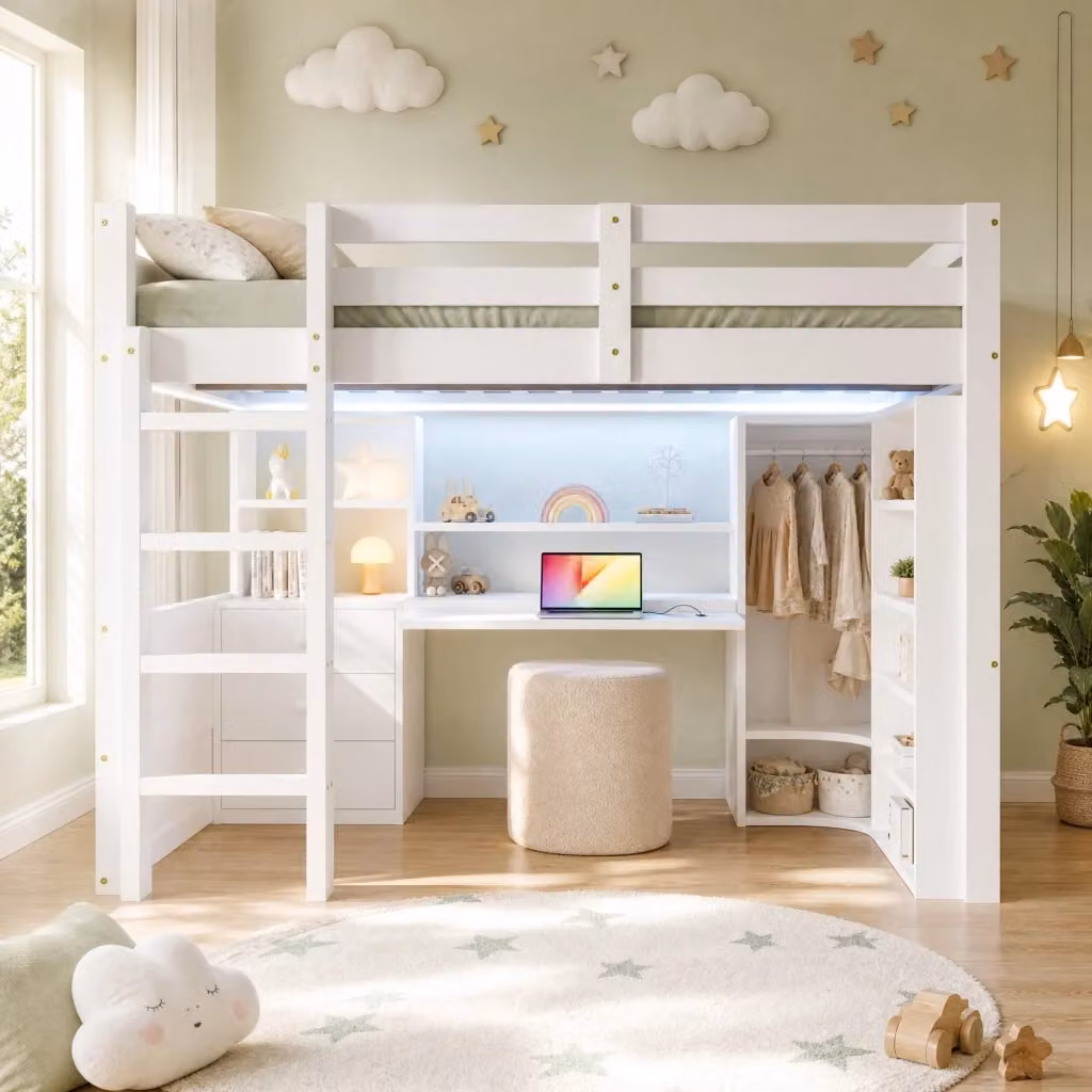 Letto a soppalco Mivray bianco con scrivania, armadio, cassetti e illuminazione LED in legno di pino e MDF, L/P/H: 200 x 140 x 175 cm – 2