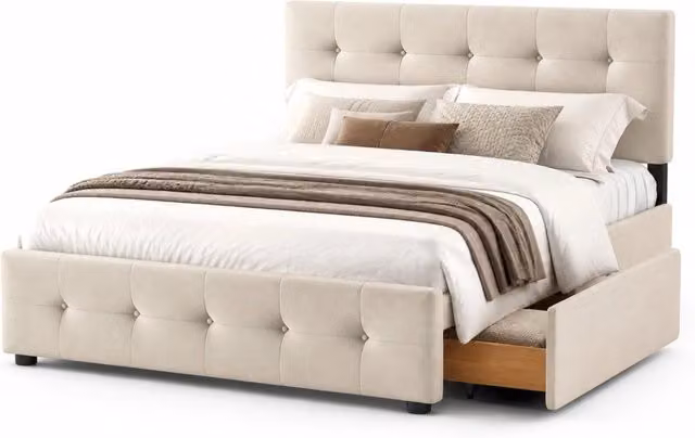 Letto matrimoniale imbottito con 4 cassetti estraibili e rete a doghe beige