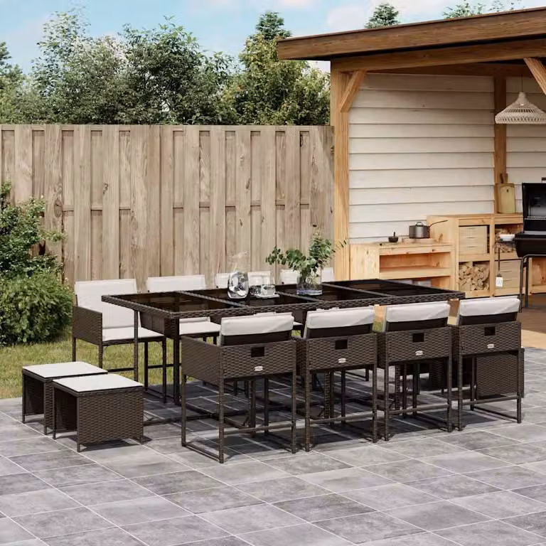 Set da Pranzo da Giardino vidaXL 13pz in Polyrattan Marrone con Cuscini e Tavolo in Vetro