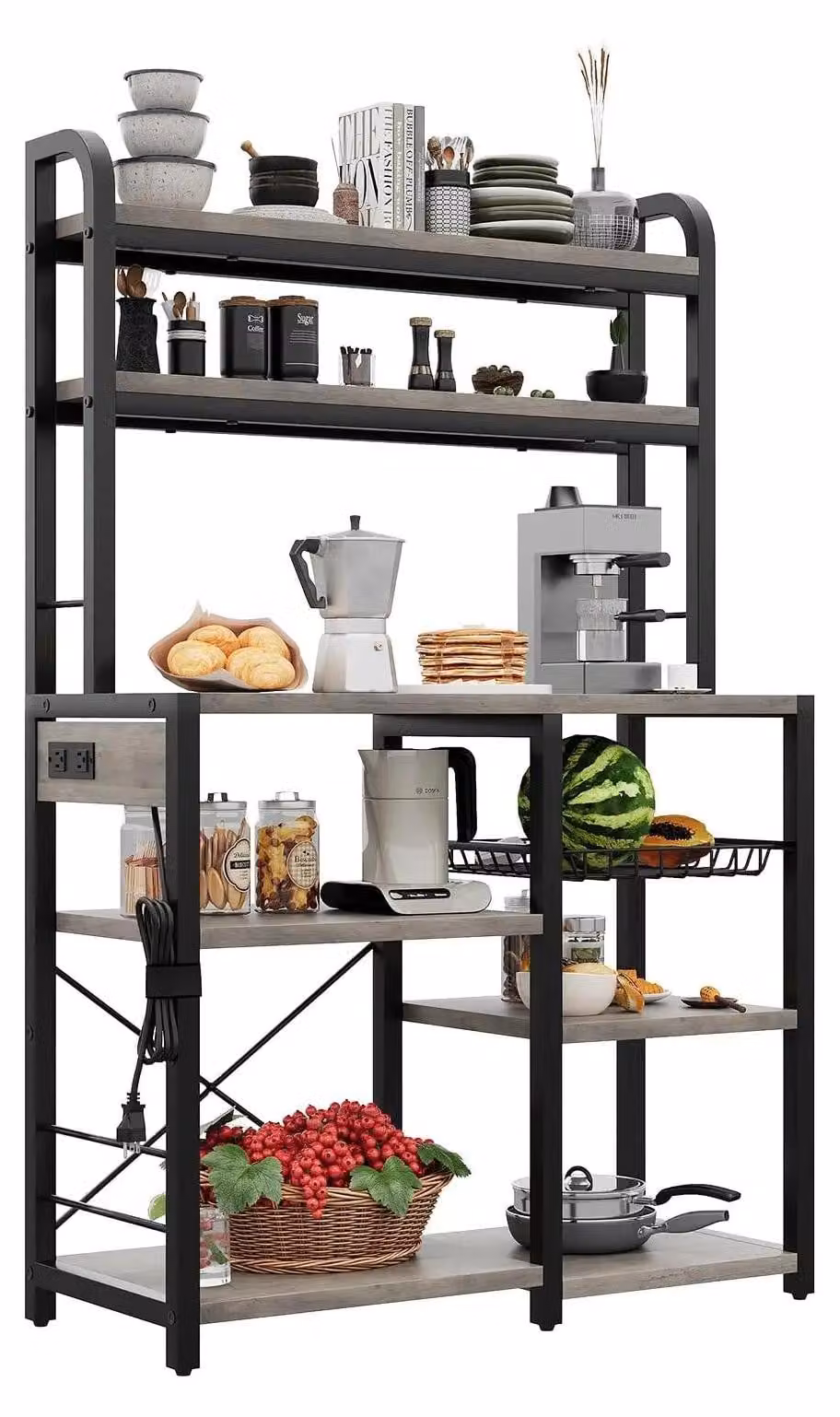 Ripiano posteriore - Scaffale da cucina a 6 ripiani con presa di corrente - Supporto per microonde da 90 cm - Mobile con ante e ripiani aperti - Contenitore in rattan - Grigio
