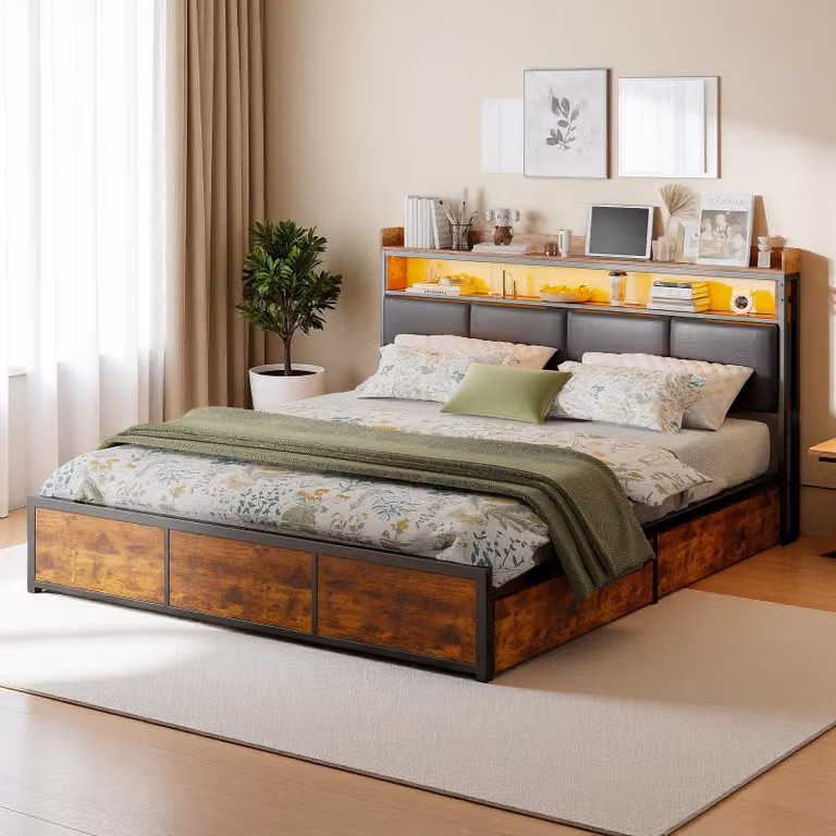 Letto matrimoniale in metallo INONEFT, 140x200 cm, con illuminazione LED, dotato di 4 cassetti, struttura con testiera e rete a doghe. Venduto senza materasso. Colore: nero PU