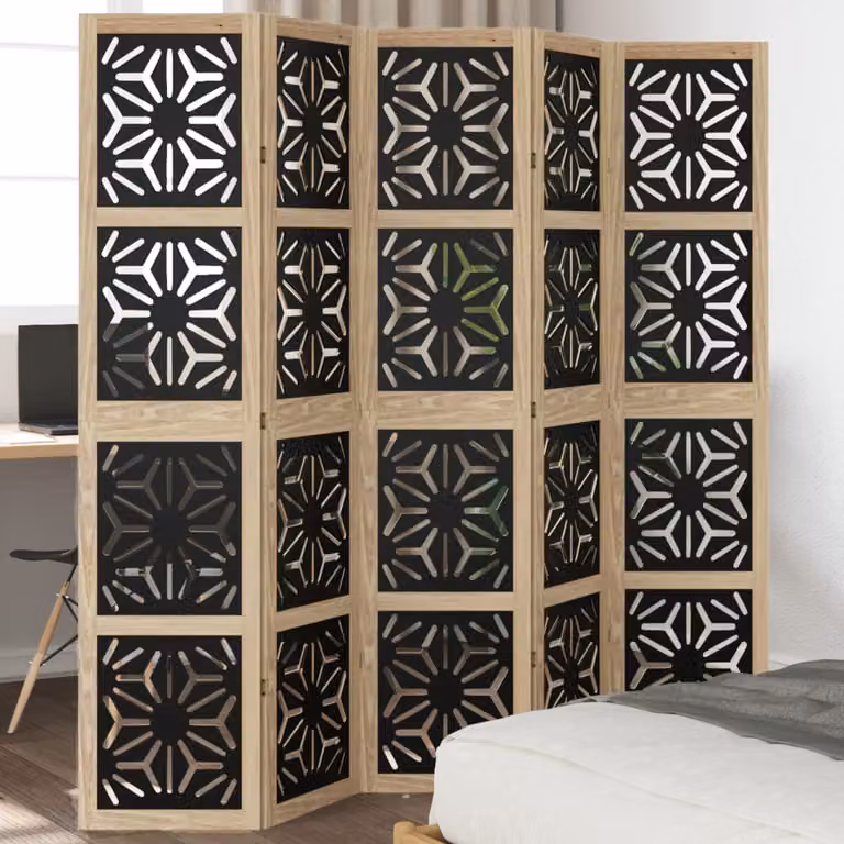 Divisorio Ambienti vidaXL in Legno di Paulownia con 5 Pannelli Geometrici, Marrone e Nero, H: 180 cm x L: 180 cm