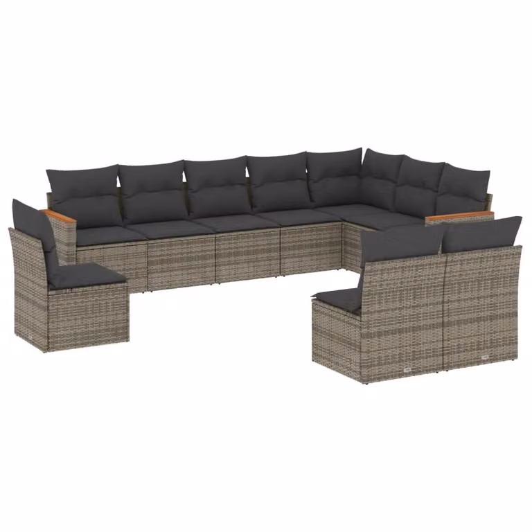Set Divano da Giardino 10 pz con Cuscini Grigio in Polyrattan