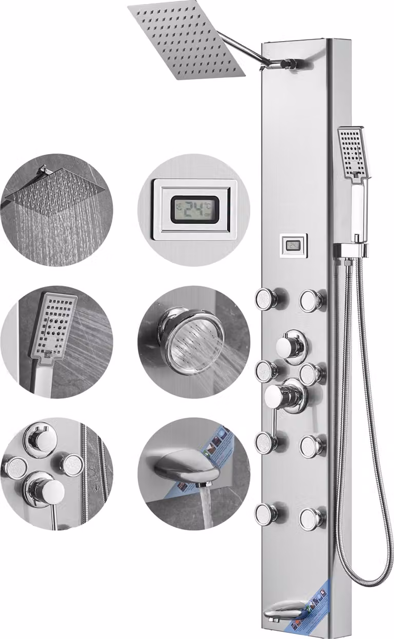 Sistema di pannelli doccia SucceBuy, 6 modalità di doccia, torre di pannelli doccia con display digitale, pioggia, 8 getti massaggianti, bocca da bagno, doccetta con 3 impostazioni, tubo flessibile da 59 pollici, set doccia a parete in acciaio inox