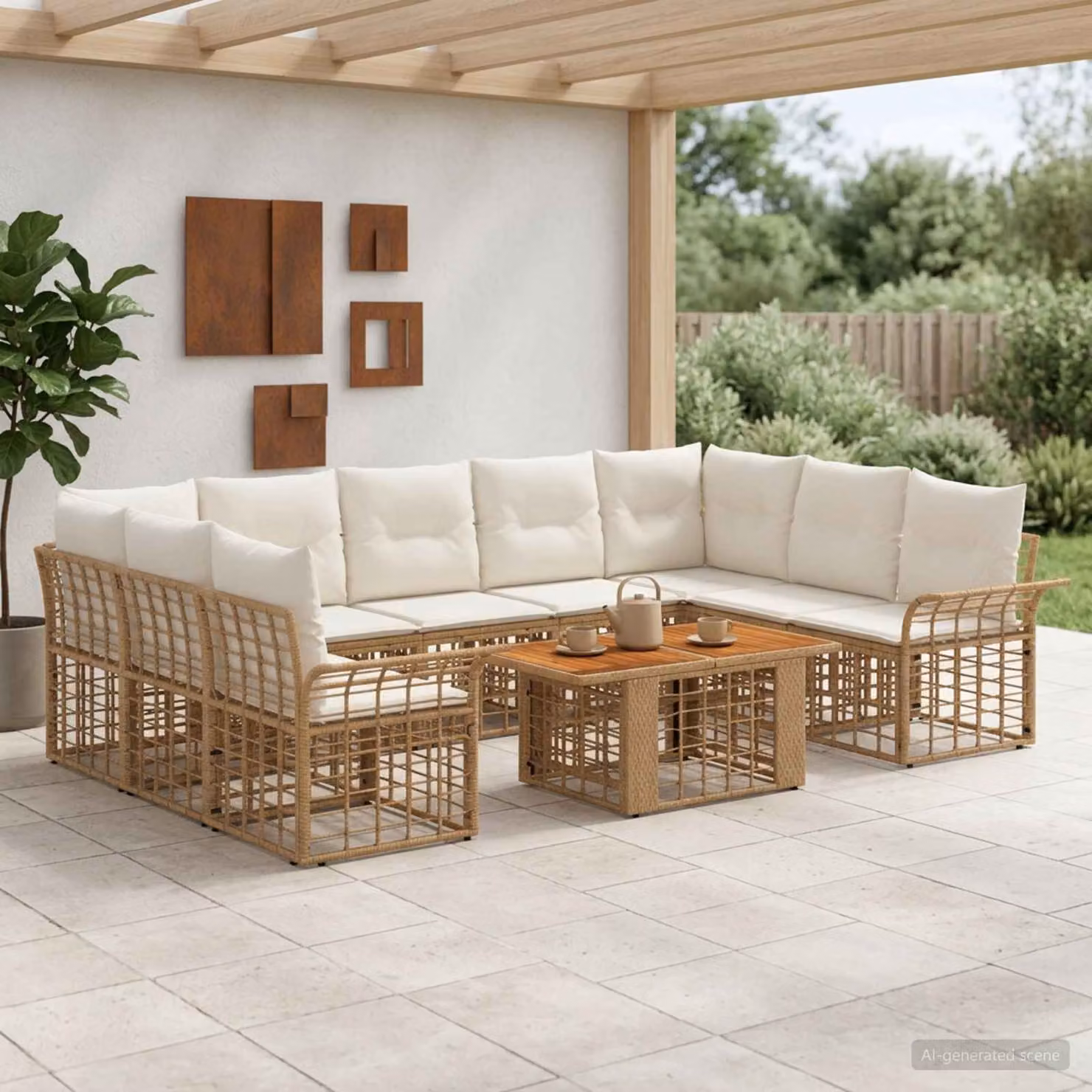 Set Divano da Giardino vidaXL 10 Pezzi in Polyrattan con Cuscini e Tavolino, Design Moderno a L, Colore Naturale e Bianco Crema