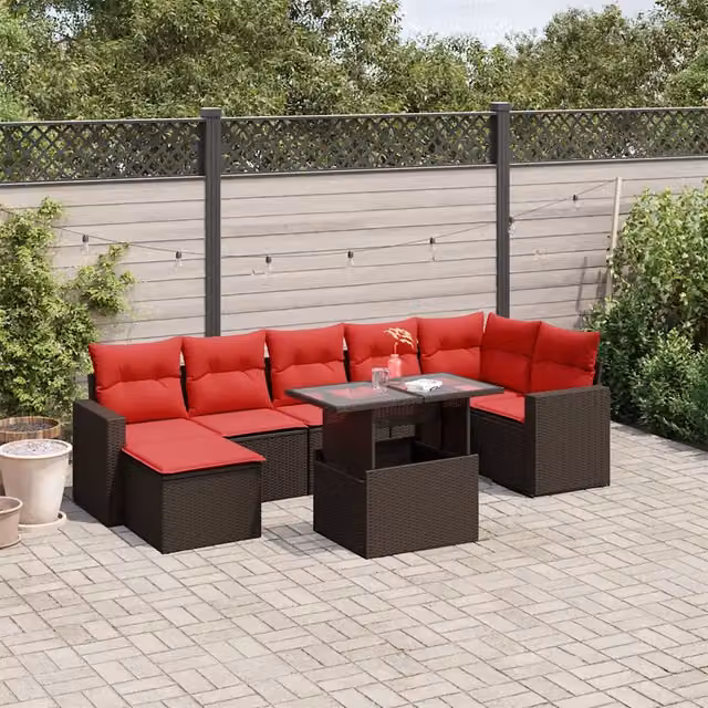 Set Divani da Giardino 8 pz con Cuscini Marrone in Polyrattan 3267434