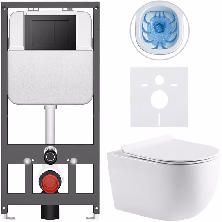 CERANO - Set WC da incasso Felci - bianco lucido - pulsante Prime/Maxio, nero - sospeso - installazione pre-parete/cartongesso - 53x37 cm