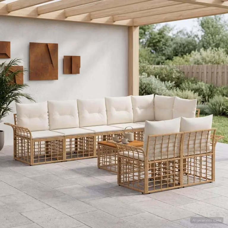 Set di divani da esterno vidaXL 9 pezzi per 8 persone, composizione a forma di U con tavolino da caffè, struttura in metallo e cuscini inclusi, colori beige, bianco e marrone