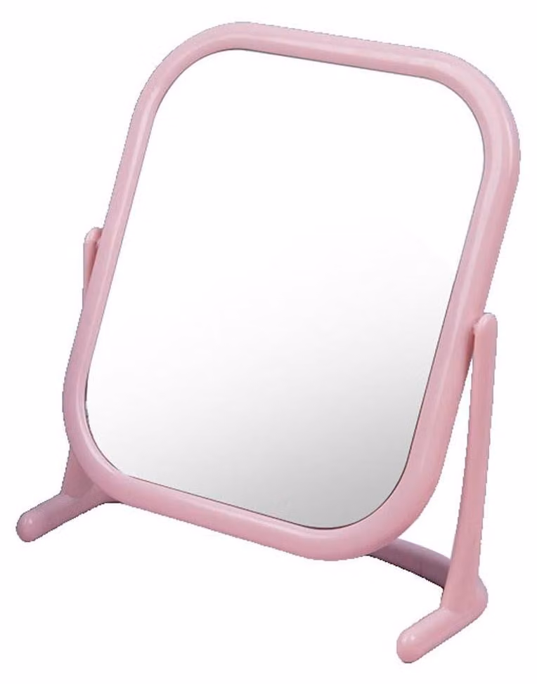 Specchio da tavolo a doppio lato, dimensioni 14,5x18,5 cm, ingrandimento 1:1 e 1:3, colore rosa
