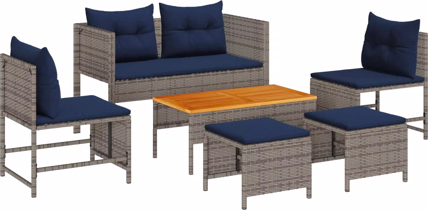 Set Divano da Giardino 6 pcs Grigio e Blu Navy polyrattan