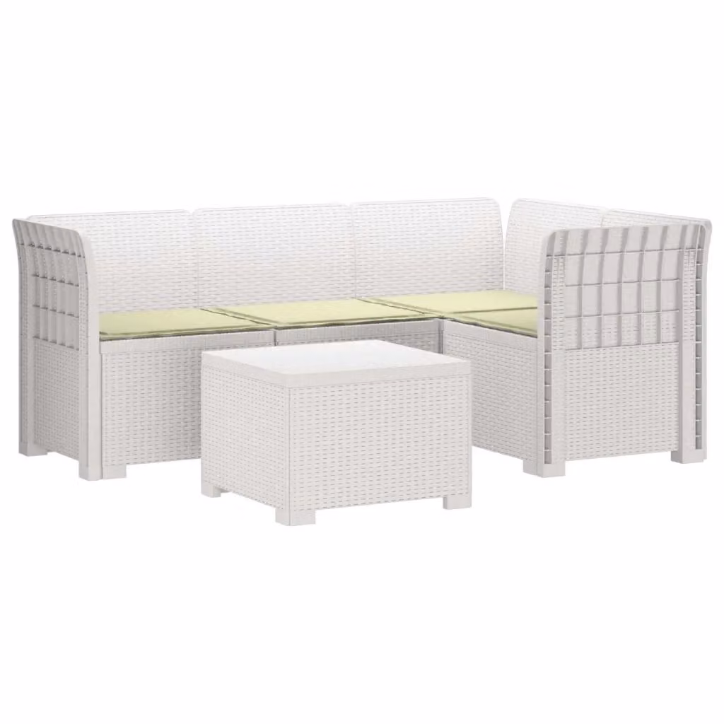 Set da giardino moderno vidaXL a forma di L con divano angolare e tavolino, colore bianco e beige, con cuscini imbottiti e resistenti alle intemperie – 2