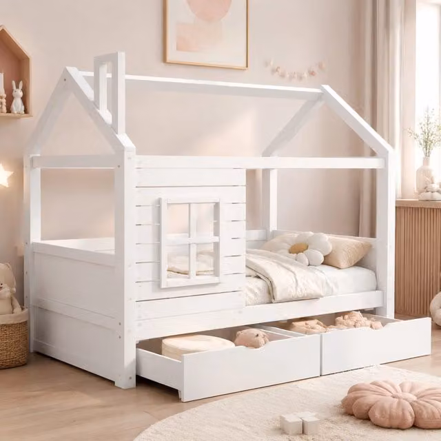 Letto per bambini a casetta 90x200 cm in pino massello bianco con cassetti