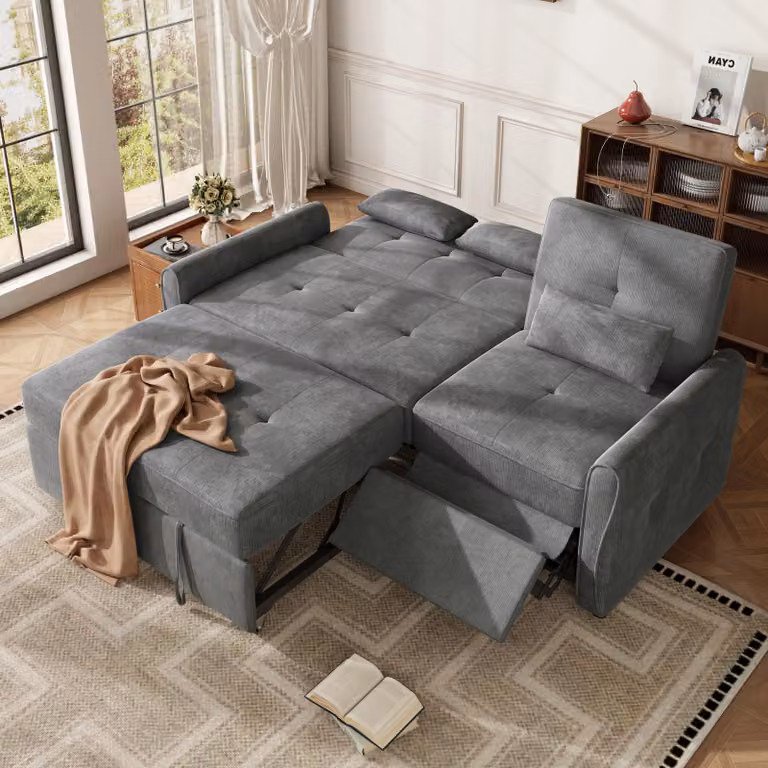 Divano MODFU a 3 posti in velluto, divano angolare trasformabile in letto 3-in-1 con funzione letto, divano relax con schienale regolabile in 3 posizioni, colore grigio
