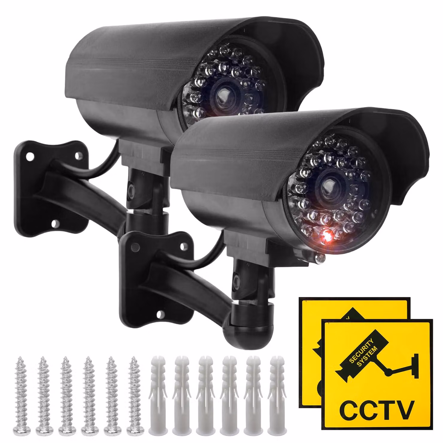 Telecamera finta, confezione da 2: telecamera di sicurezza falsa per esterni, con luce LED rossa lampeggiante