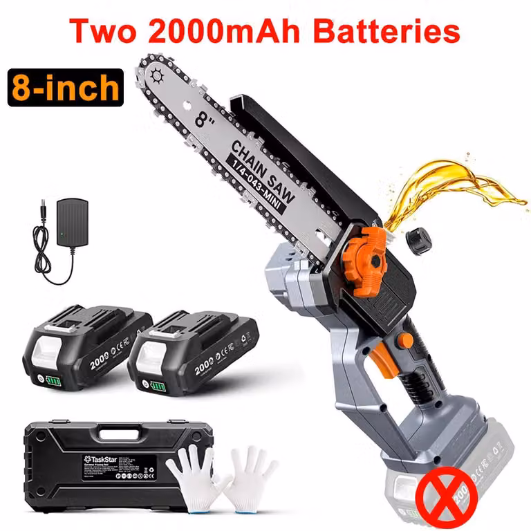 Troncatrice a batteria - Mini motosega - 20 V - Motore brushless da 1000 W - Lama da 20,3 cm - 2 batterie da 2000 mAh - Lubrificazione automatica della catena - Spina di tipo europeo