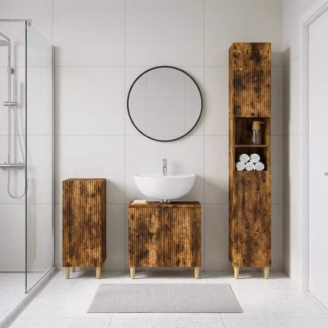 Set di mobili da bagno moderni vidaXL in legno marrone con base lavabo e pensili a 3 pezzi – 1