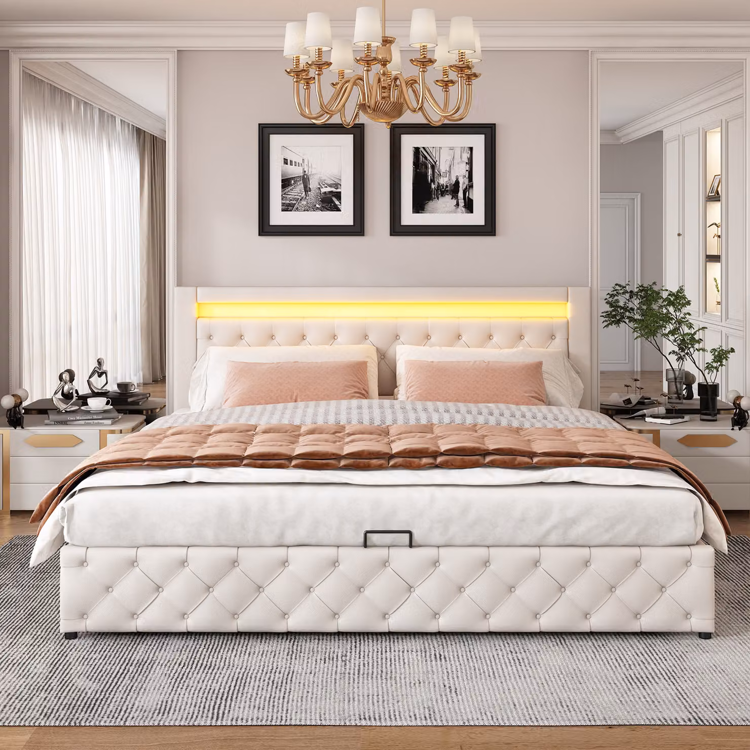 Letto imbottito MODFU 180 x 200 cm letto matrimoniale funzionale con materasso a doghe e contenitore, con illuminazione LED senza materasso, bianco