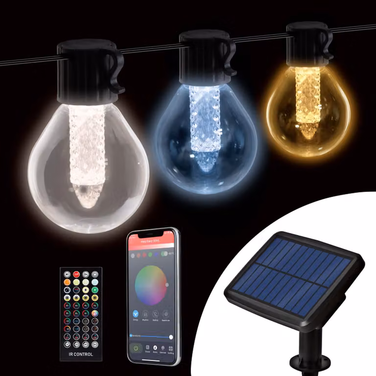 Catena luminosa solare intelligente – 15 LED – Temperatura del colore regolabile – 7,5 m – Con app Bluetooth e telecomando – Alimentazione solare e ricaricabile tramite USB – Per giardino, terrazza e illuminazione esterna [11743]